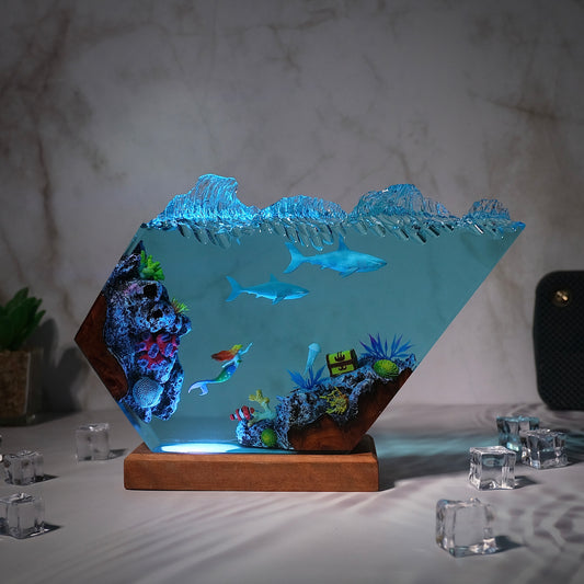 Mermaid ocean resin lamp and 2 sharks