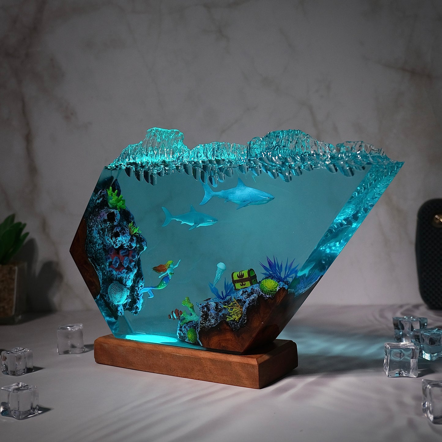 Mermaid ocean resin lamp and 2 sharks