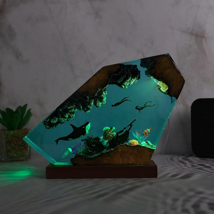 Ocean resin lamp.  Whales and divers 2