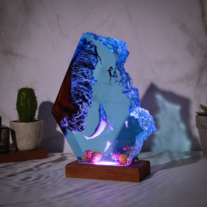 Ocean resin lamp.  Whales and divers