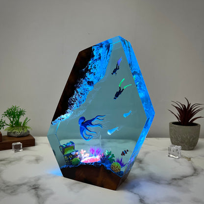 Ocean resin lamp.  Octopus and humans head towards the treasure