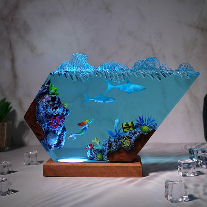 Mermaid ocean resin lamp and 2 sharks