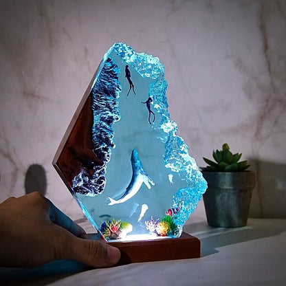 Ocean resin lamp.  Whales and divers