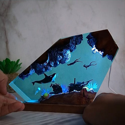 Ocean resin lamp.  Whales and divers 2