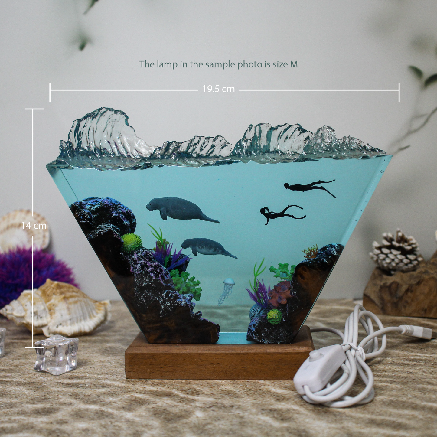 Ocean resin lamp.  Sea leopards and human in the sea