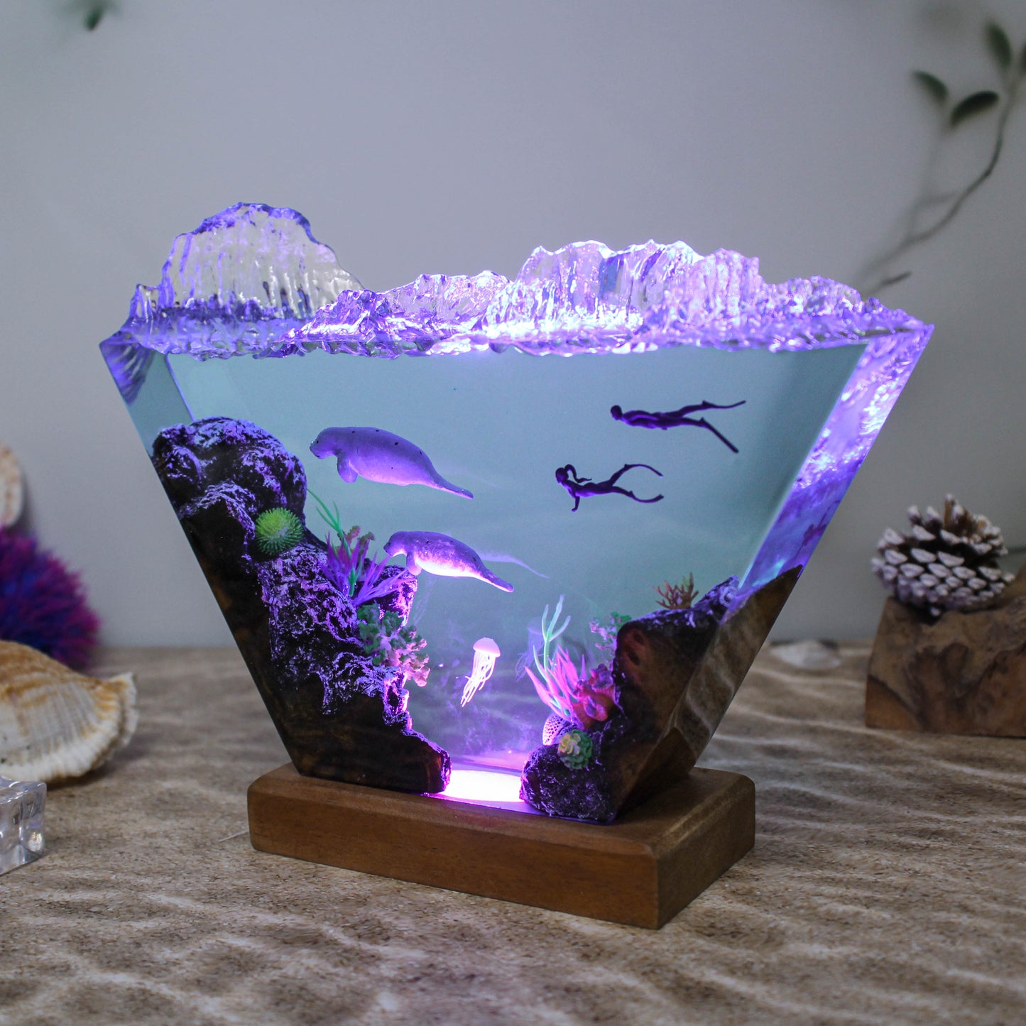 Ocean resin lamp.  Sea leopards and human in the sea