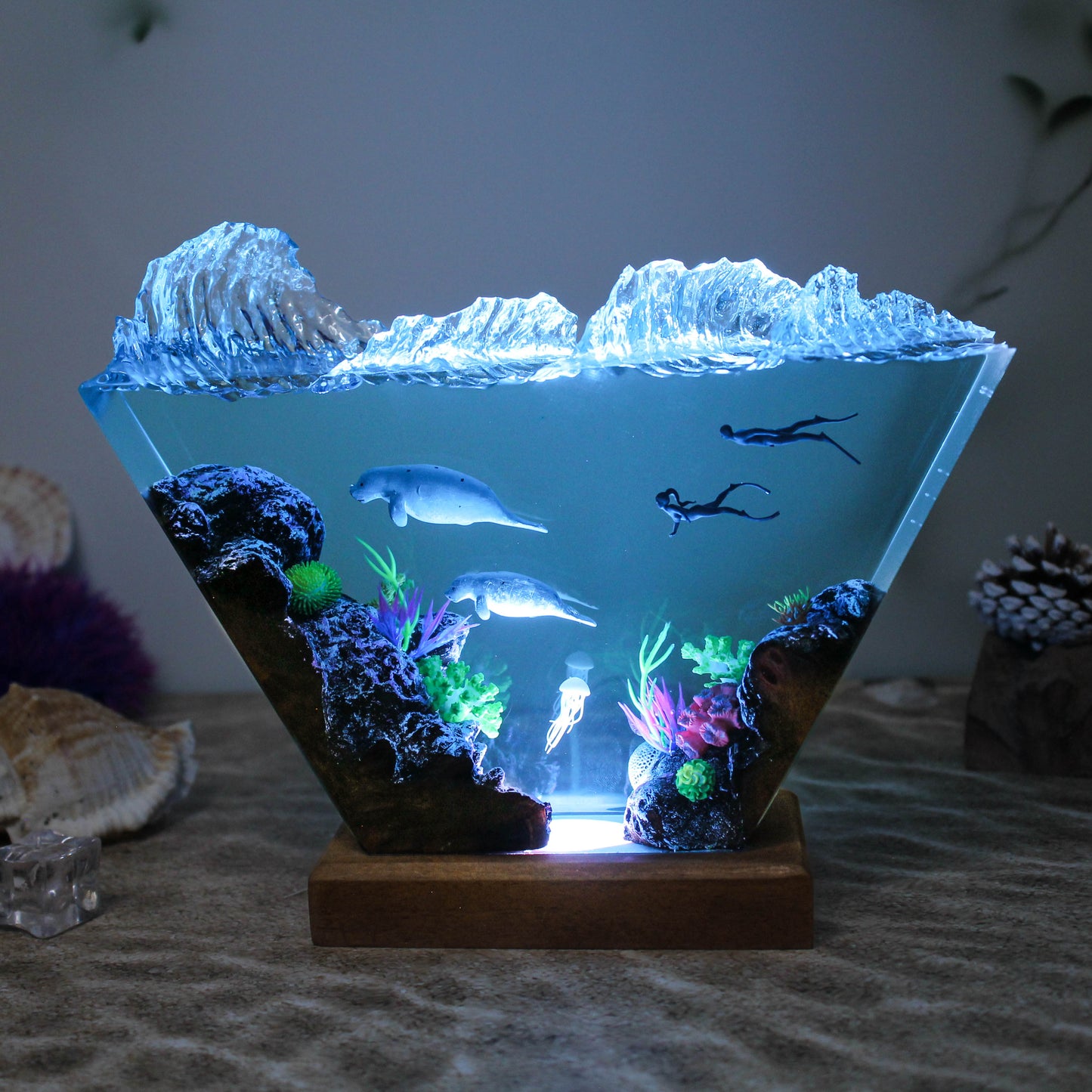 Ocean resin lamp.  Sea leopards and human in the sea