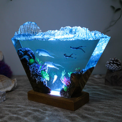 Ocean resin lamp.  Sea leopards and human in the sea