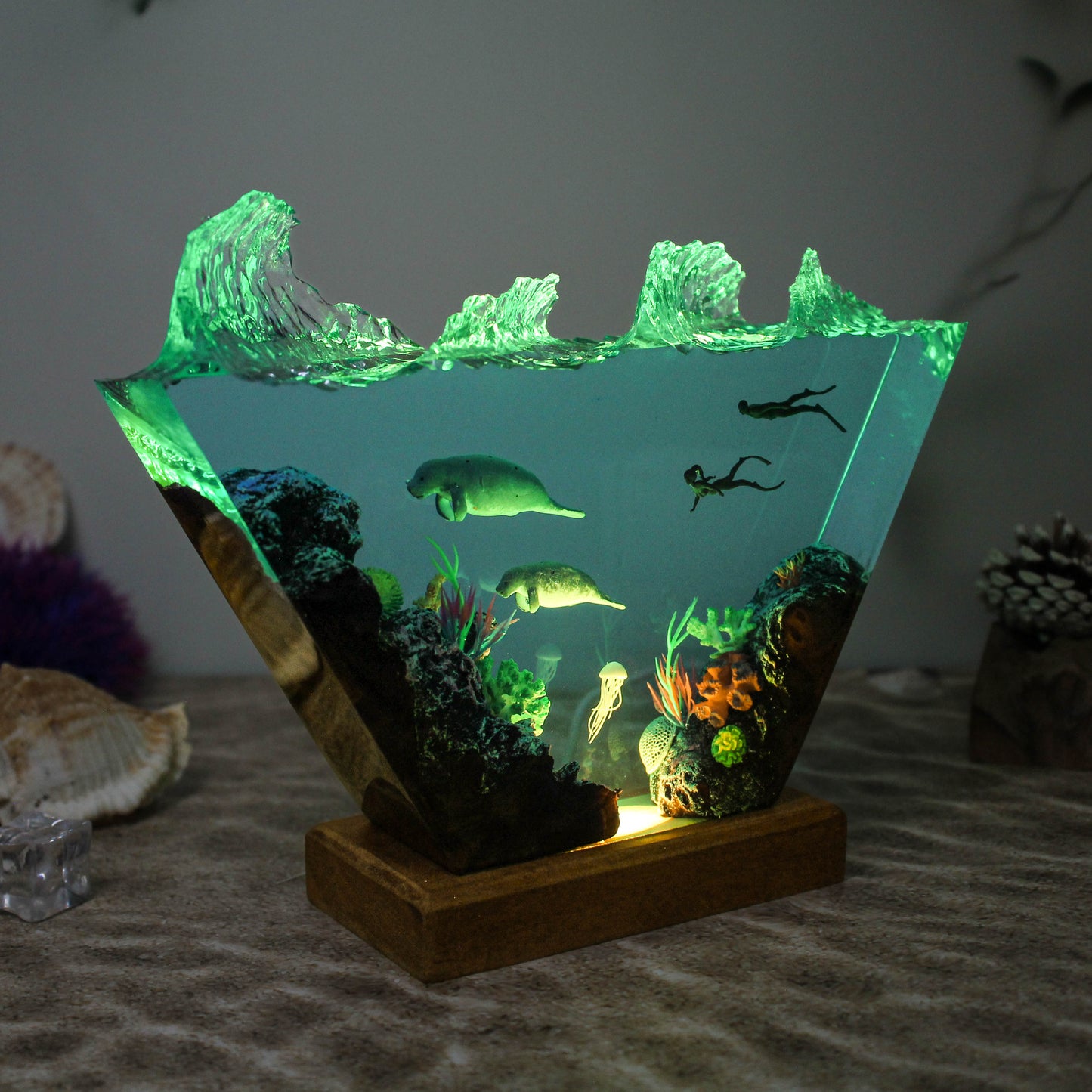 Ocean resin lamp.  Sea leopards and human in the sea